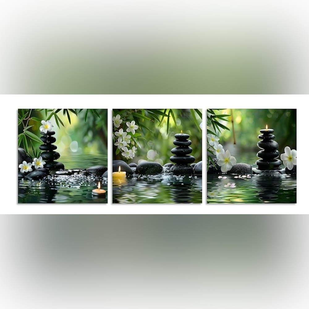 New Tranquil Stone and Flower Canvas Art 3Pcs 12”x 12” (101)